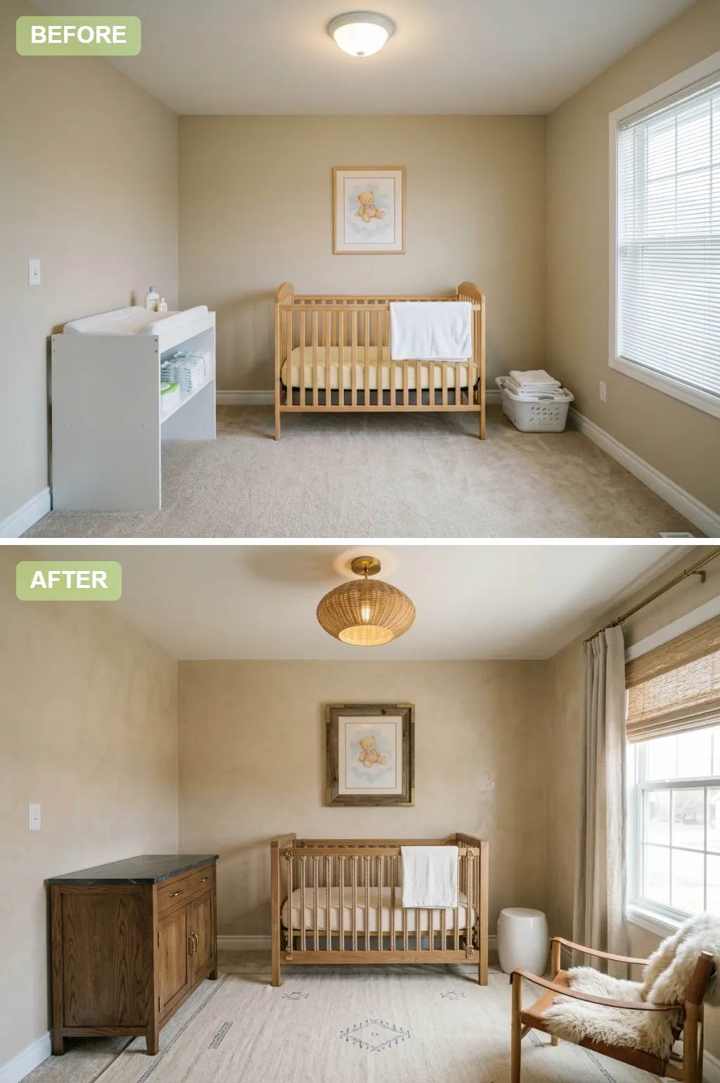 2. Warm Organic & Artisan — nursery before and after