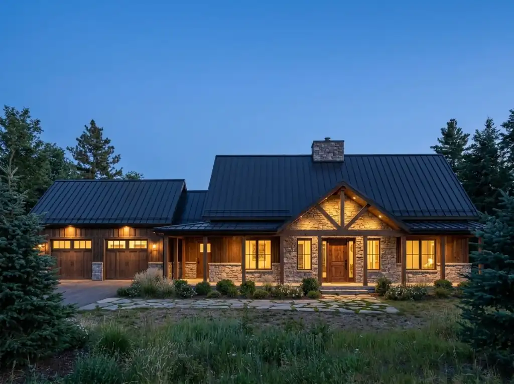 Mountain lodge barndominium at dusk with full stone walls, heavy timber, wood garage doors and glowing windows among evergreens