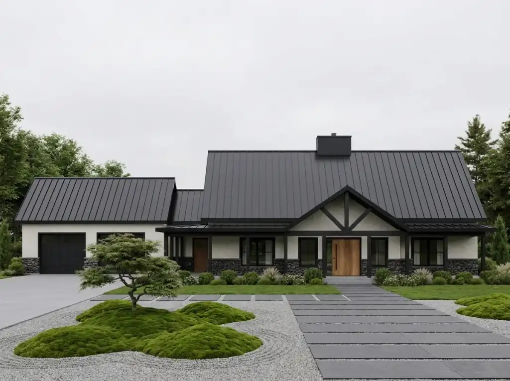 Modern zen barndominium with cream stucco, black roof, timber truss entry and a Japanese garden of moss mounds and raked gravel