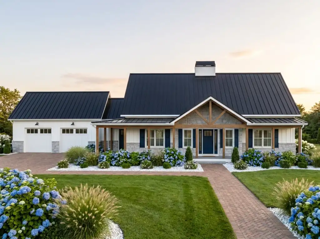 Coastal farmhouse barndominium with white siding, navy front door, white garage doors, blue hydrangeas and a herringbone brick walkway