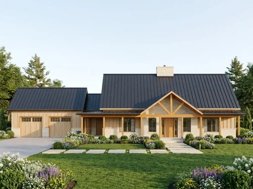 Scandinavian natural-wood barndominium with light cedar siding, black metal roof and soft purple-and-white perennial borders