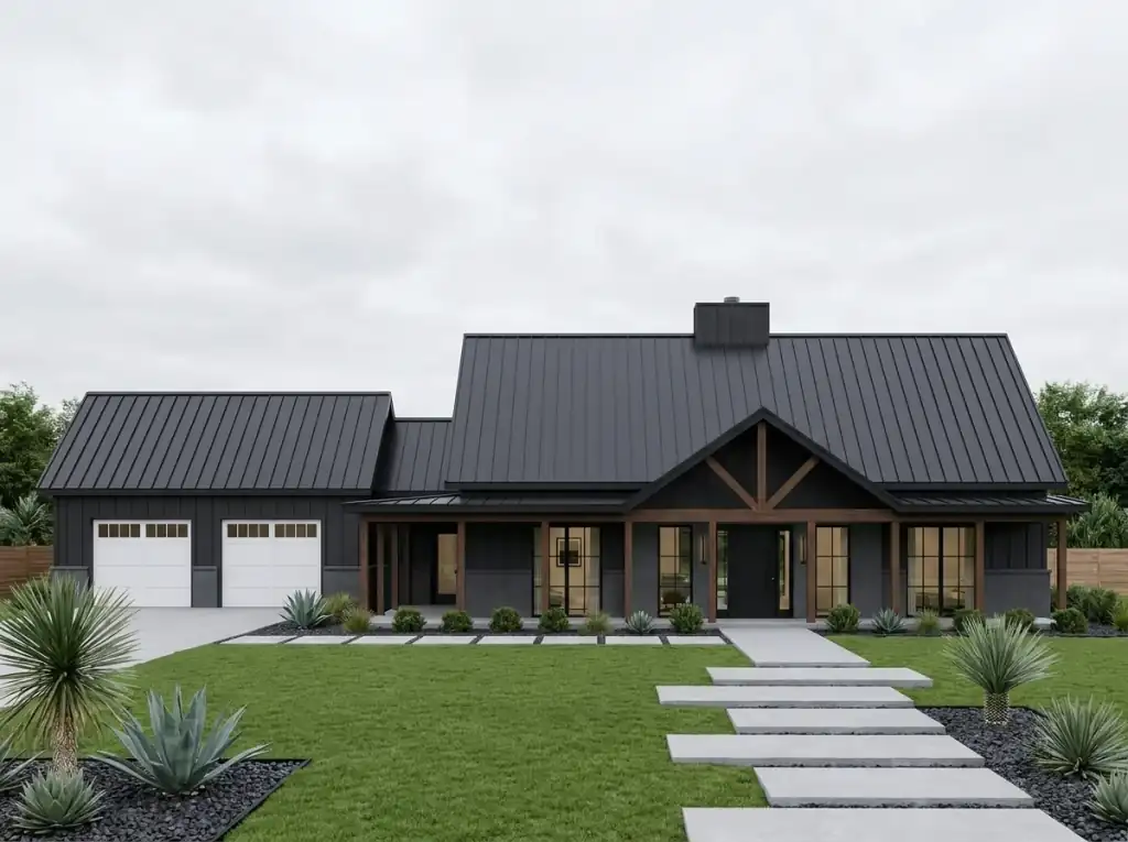 Modern dark barndominium with charcoal siding, black trim, white garage doors, timber truss entry and a drought-tolerant paver yard
