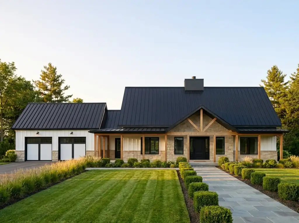 Modern farmhouse estate barndominium with white board-and-batten, natural wood entry gable, white garage doors and clipped boxwood hedges