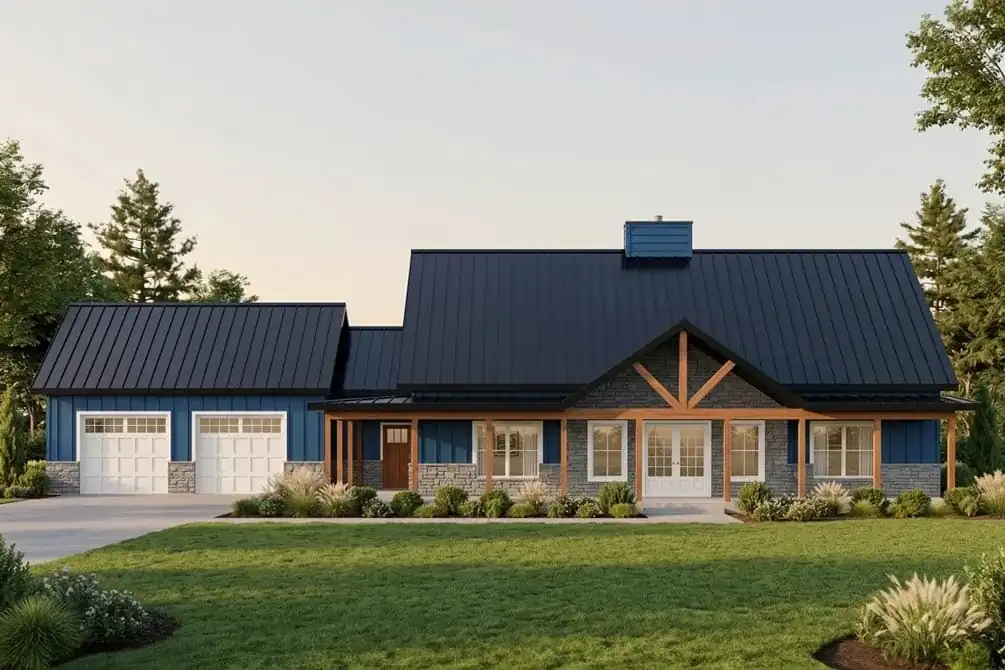 Side covered porch on the modern barndominium plan 405161FDC