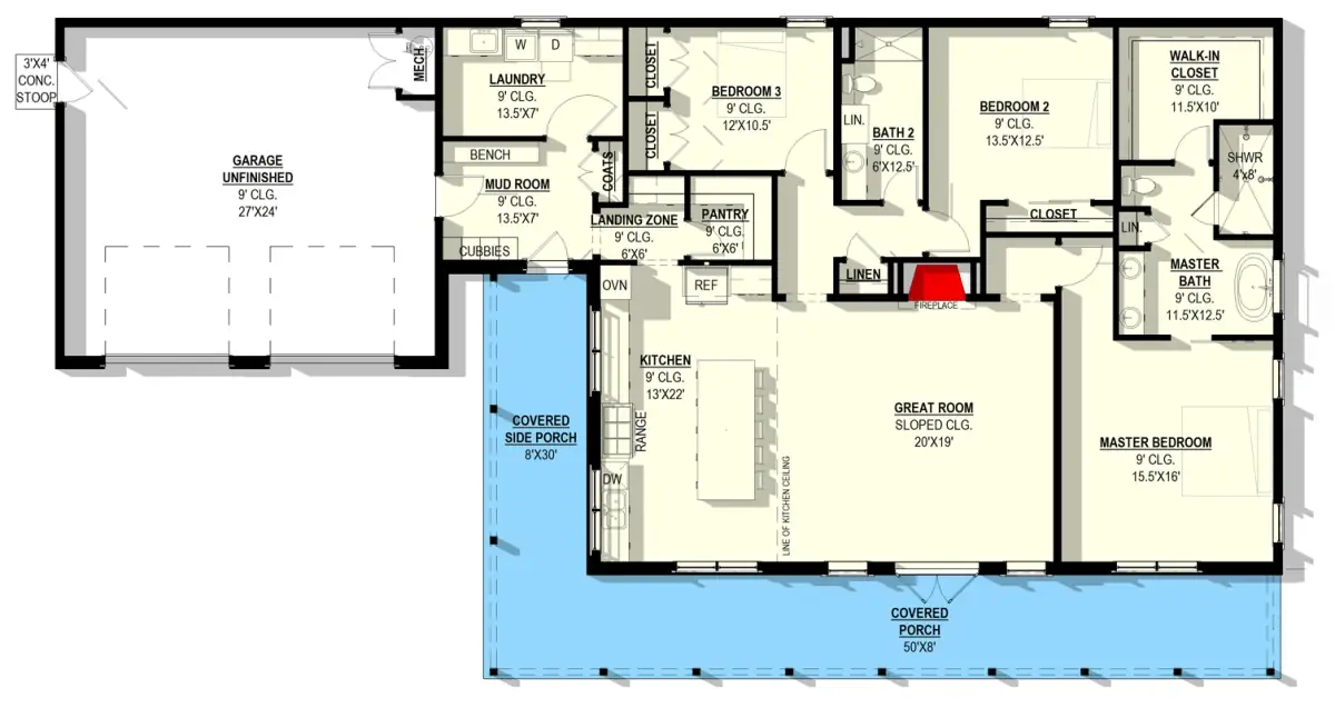 Plan 405161FDC main floor plan: 2,206 sq ft single-story barndominium with great room, island kitchen, master wing, two secondary bedrooms, mudroom and 2-car garage