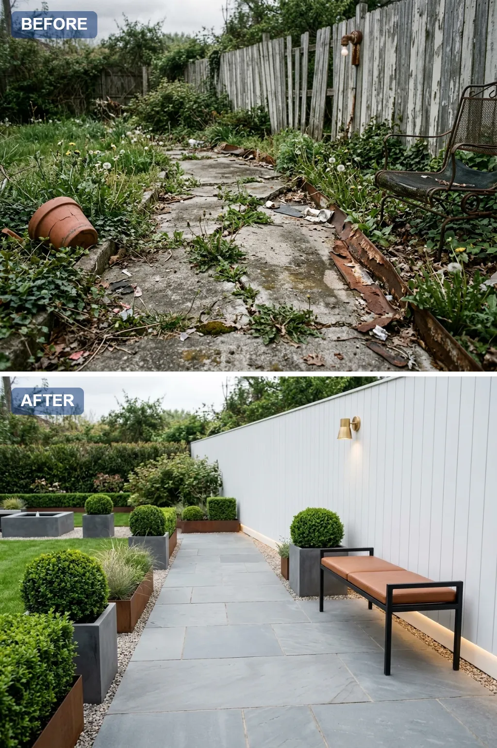1. Modern Bluestone Minimalist — one crumbling concrete garden path reimagined as a beautiful walkway, before and after