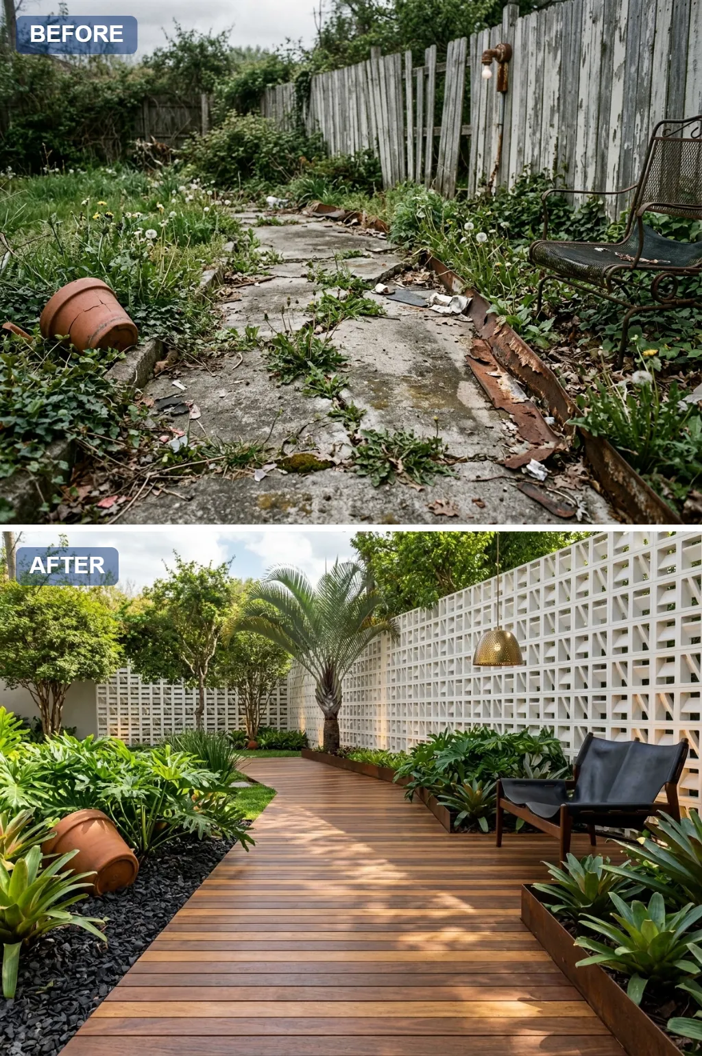 10. Mid-Century Modern Tropical — one crumbling concrete garden path reimagined as a beautiful walkway, before and after