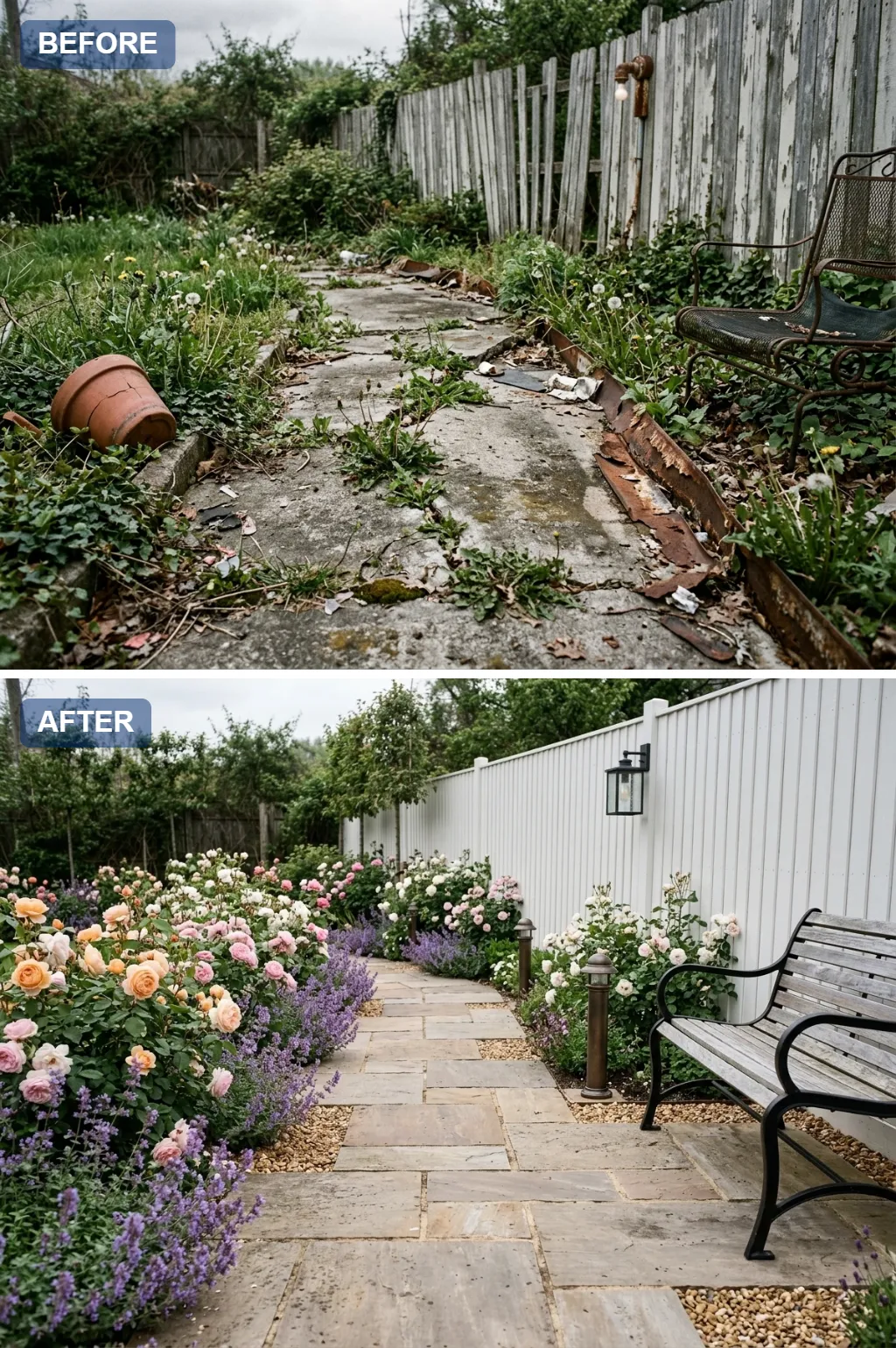 11. English Rose Garden — one crumbling concrete garden path reimagined as a beautiful walkway, before and after