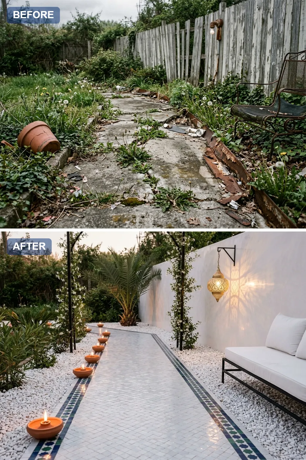 12. Moonlit Moroccan Riad — one crumbling concrete garden path reimagined as a beautiful walkway, before and after