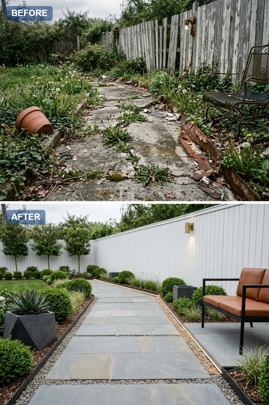 2. Warm Contemporary with Hidden Light — one crumbling concrete garden path reimagined as a beautiful walkway, before and after