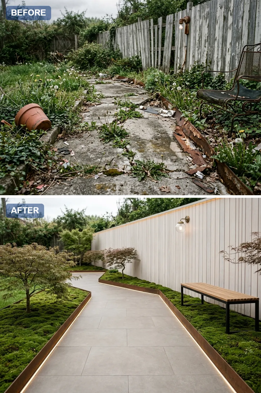 3. Japandi Moss Garden — one crumbling concrete garden path reimagined as a beautiful walkway, before and after