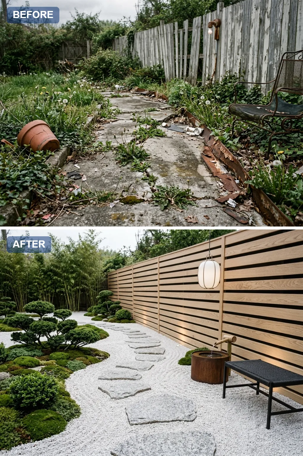 4. Japanese Zen Dry Garden — one crumbling concrete garden path reimagined as a beautiful walkway, before and after