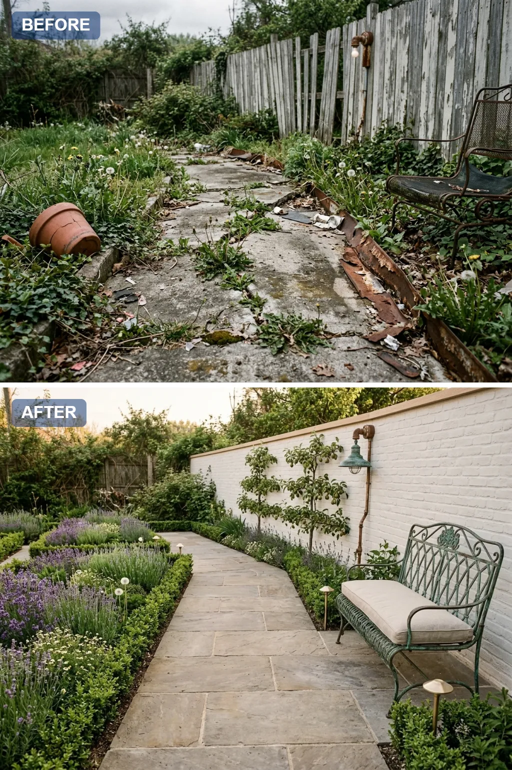 5. English Lavender Cottage — one crumbling concrete garden path reimagined as a beautiful walkway, before and after