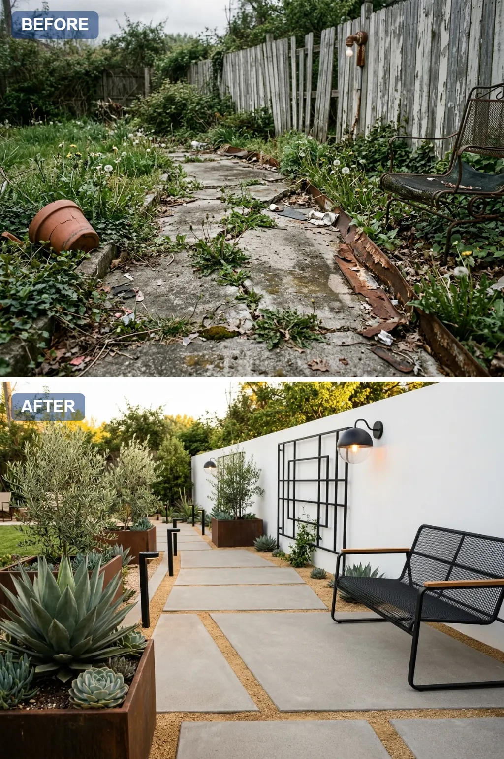 6. Mediterranean Dry Garden — one crumbling concrete garden path reimagined as a beautiful walkway, before and after