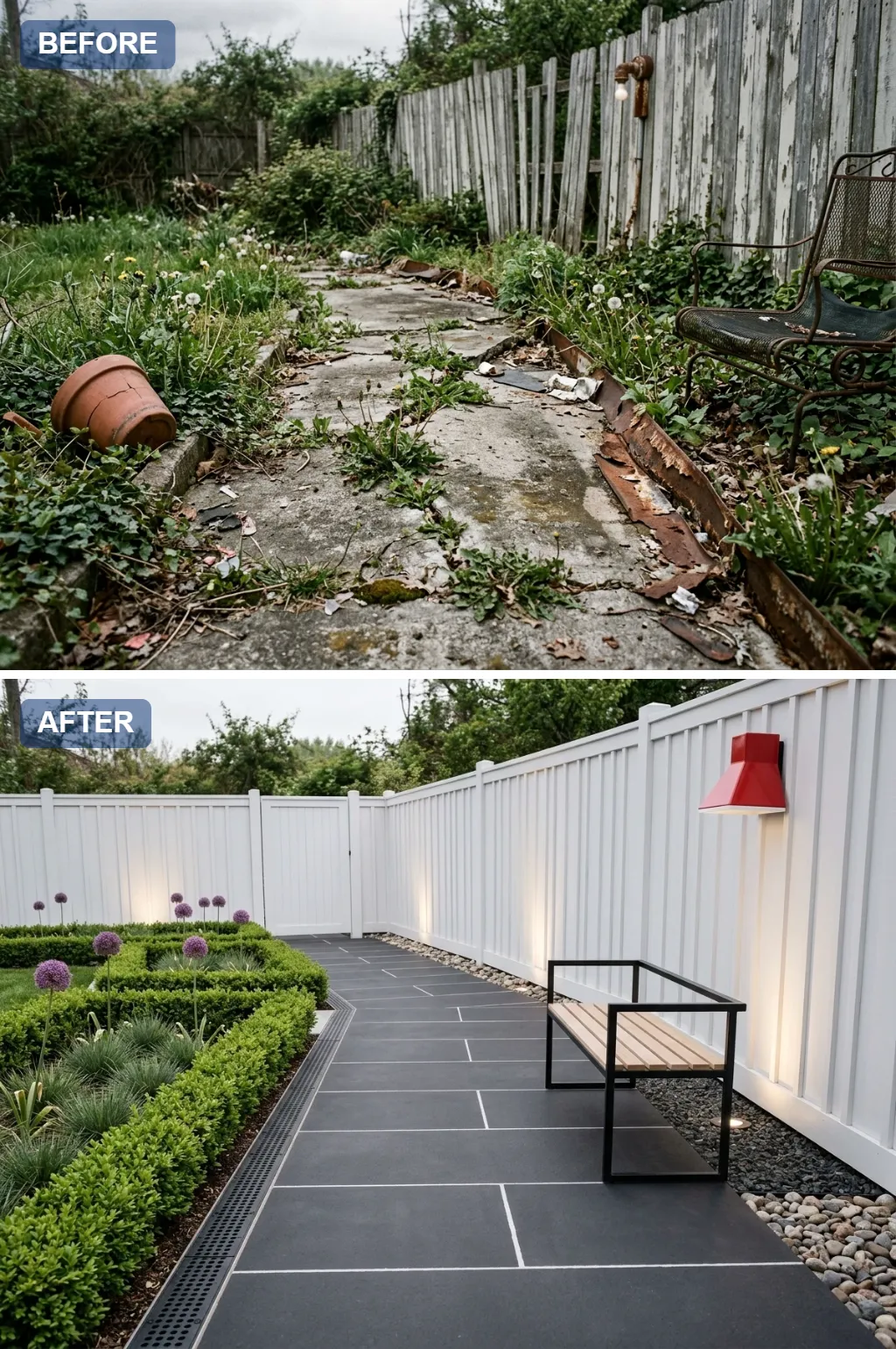 7. Modern Formal Parterre — one crumbling concrete garden path reimagined as a beautiful walkway, before and after