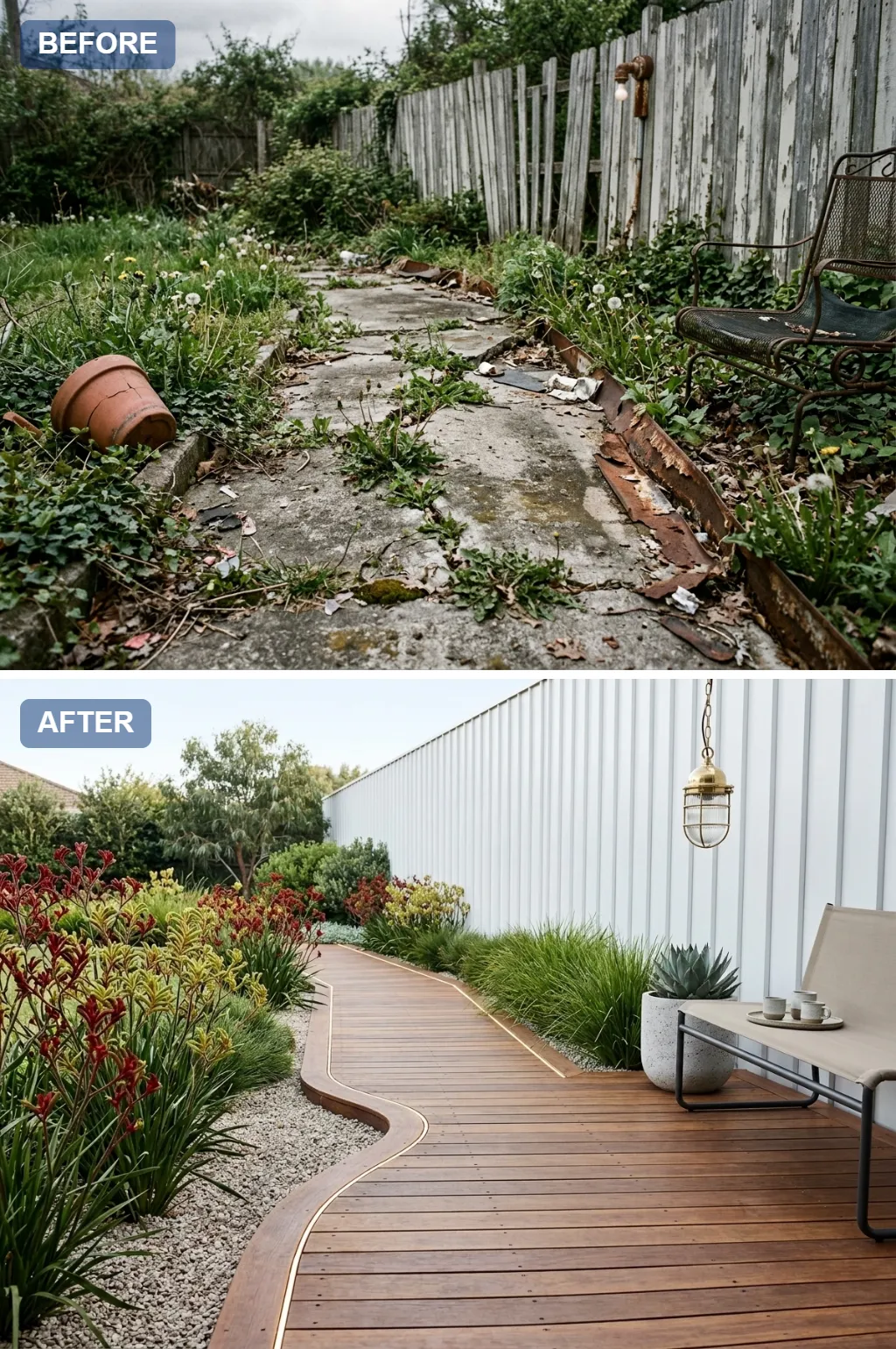 8. Coastal Native Boardwalk — one crumbling concrete garden path reimagined as a beautiful walkway, before and after