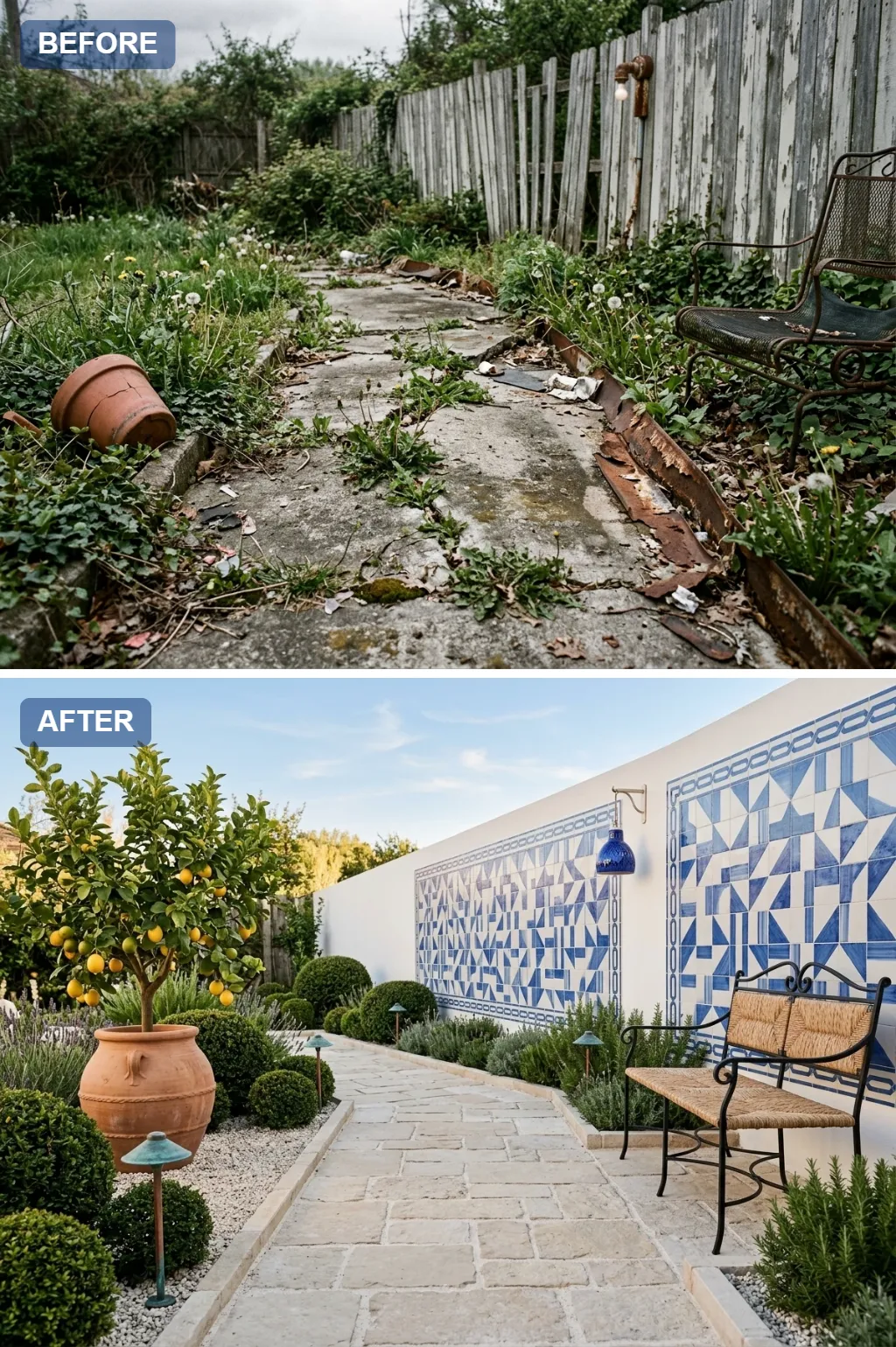 9. Mediterranean Azulejo Courtyard — one crumbling concrete garden path reimagined as a beautiful walkway, before and after