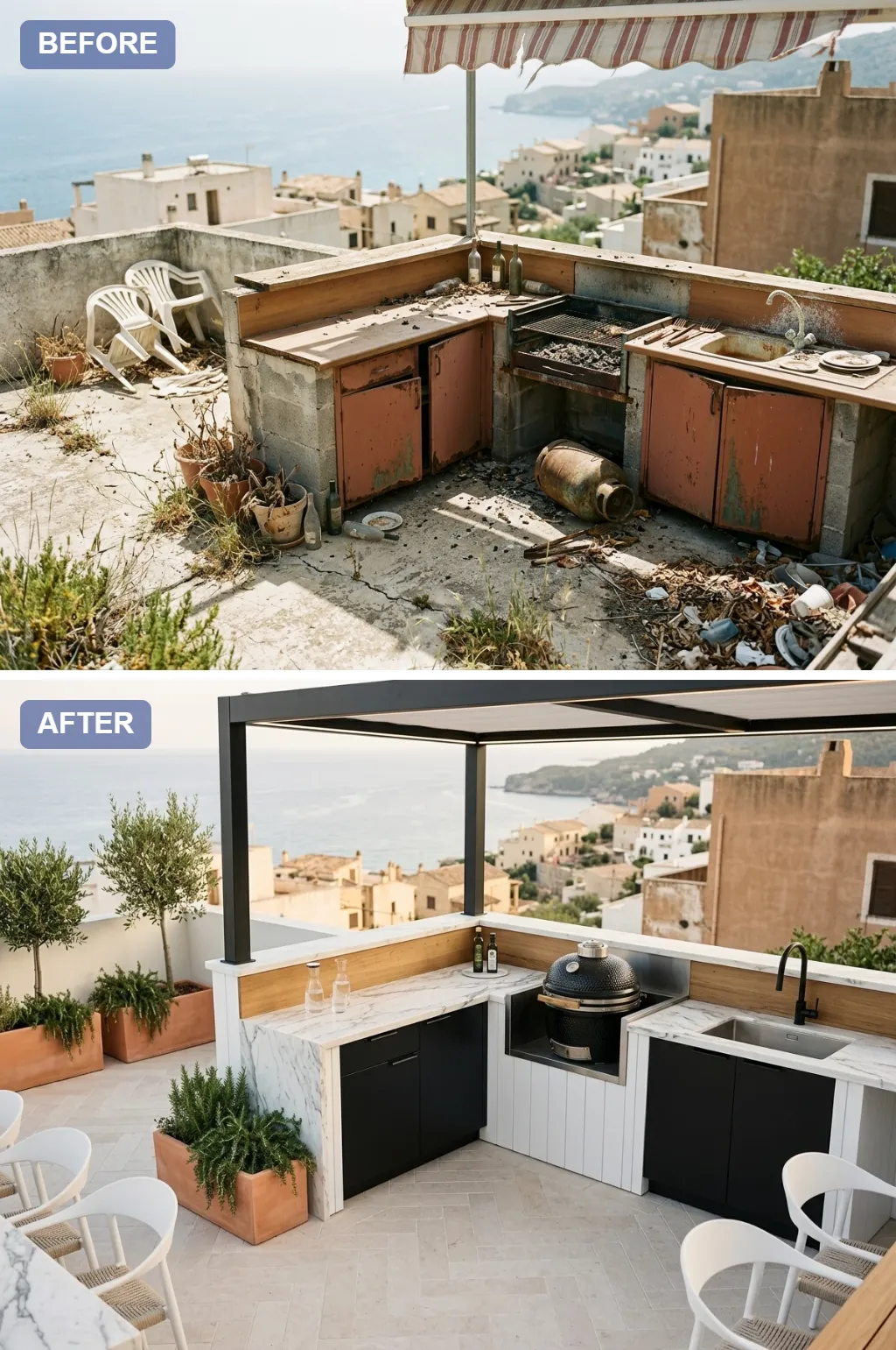 1. Modern Marble & Black Steel — crumbling rooftop slab transformed into a Mediterranean outdoor kitchen, before and after