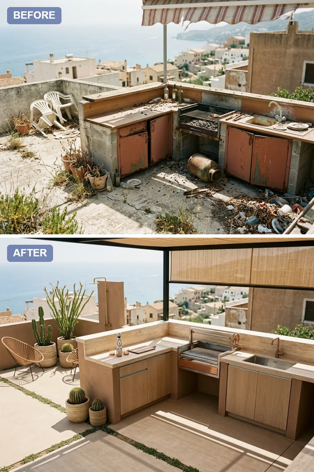 7. Desert Modern (Tulum) — crumbling rooftop slab transformed into a Mediterranean outdoor kitchen, before and after