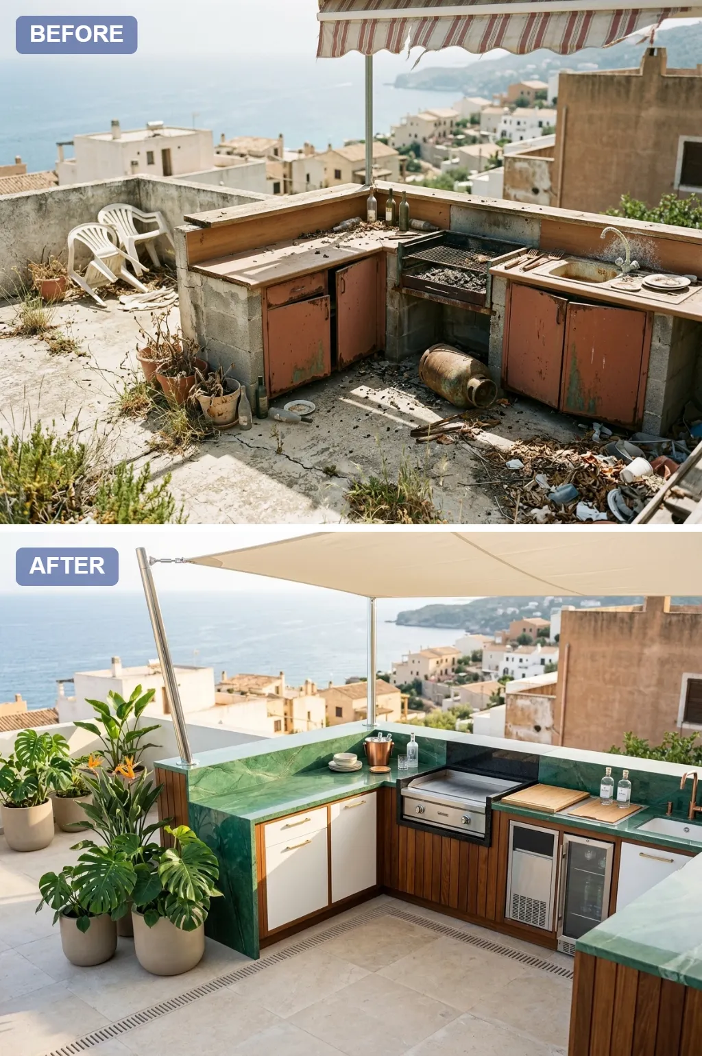 8. Tropical Verde Marble — crumbling rooftop slab transformed into a Mediterranean outdoor kitchen, before and after