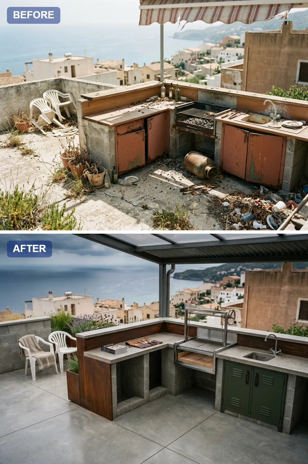 11. Industrial Asado — crumbling rooftop slab transformed into a Mediterranean outdoor kitchen, before and after