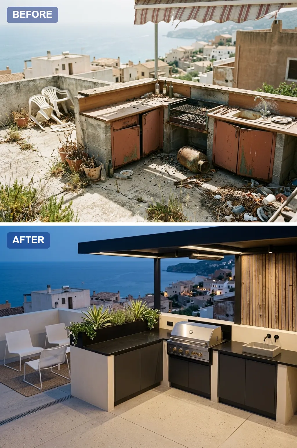 9. Nocturnal Luxe — crumbling rooftop slab transformed into a Mediterranean outdoor kitchen, before and after