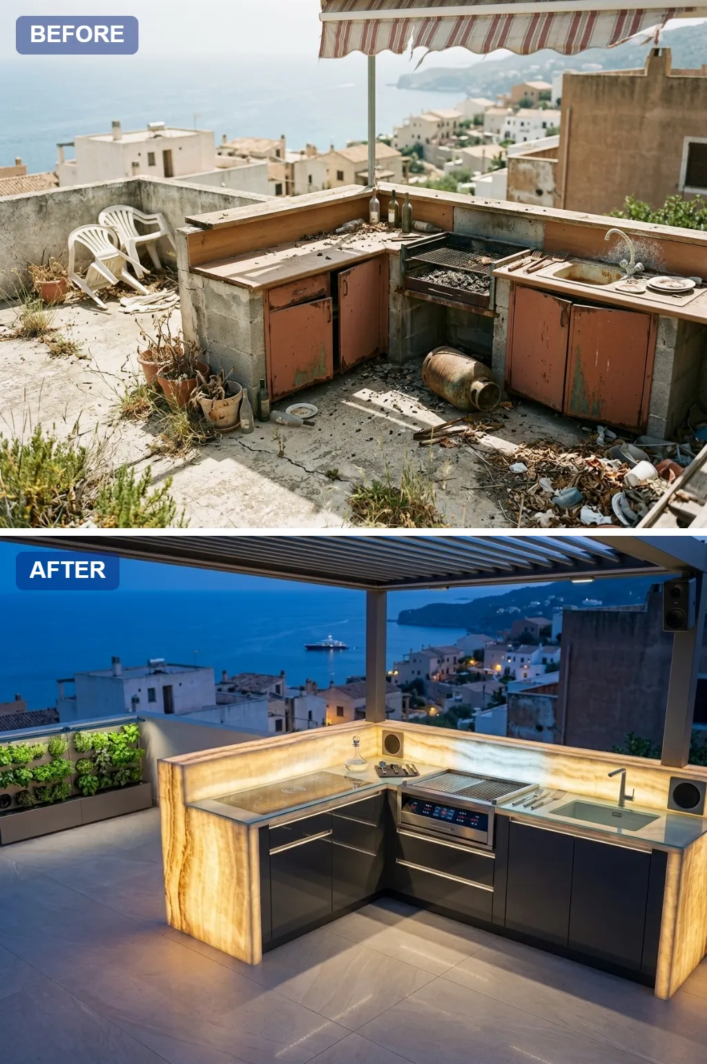 10. Backlit Onyx Nightscape — crumbling rooftop slab transformed into a Mediterranean outdoor kitchen, before and after