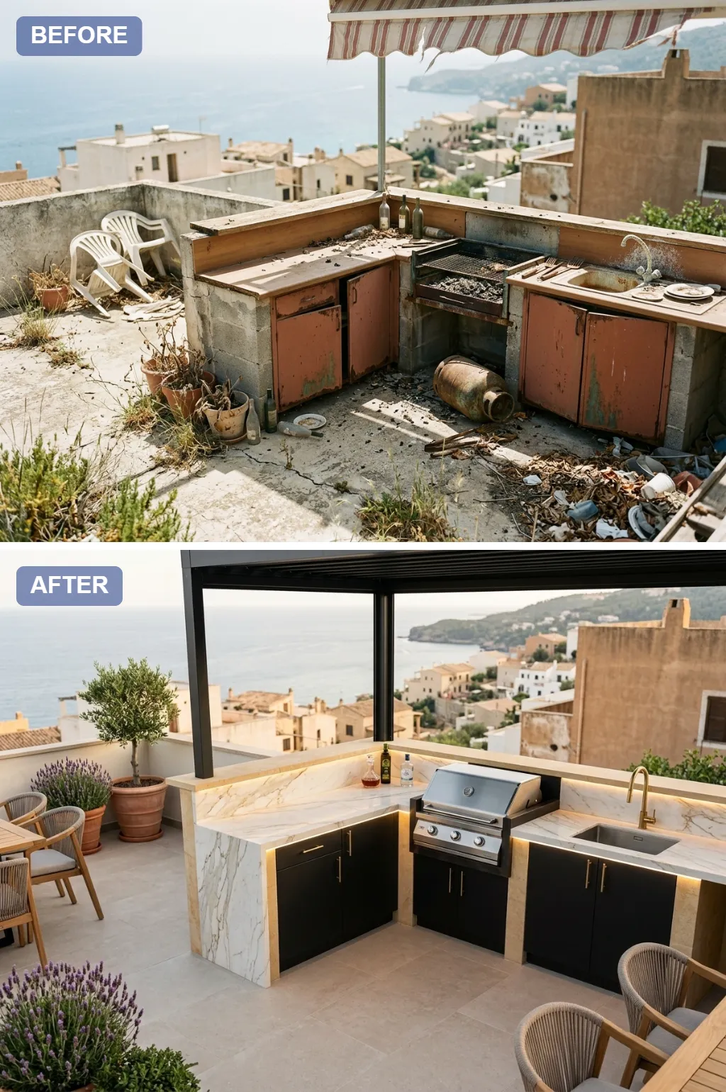 2. Timeless Marble & Brass — crumbling rooftop slab transformed into a Mediterranean outdoor kitchen, before and after
