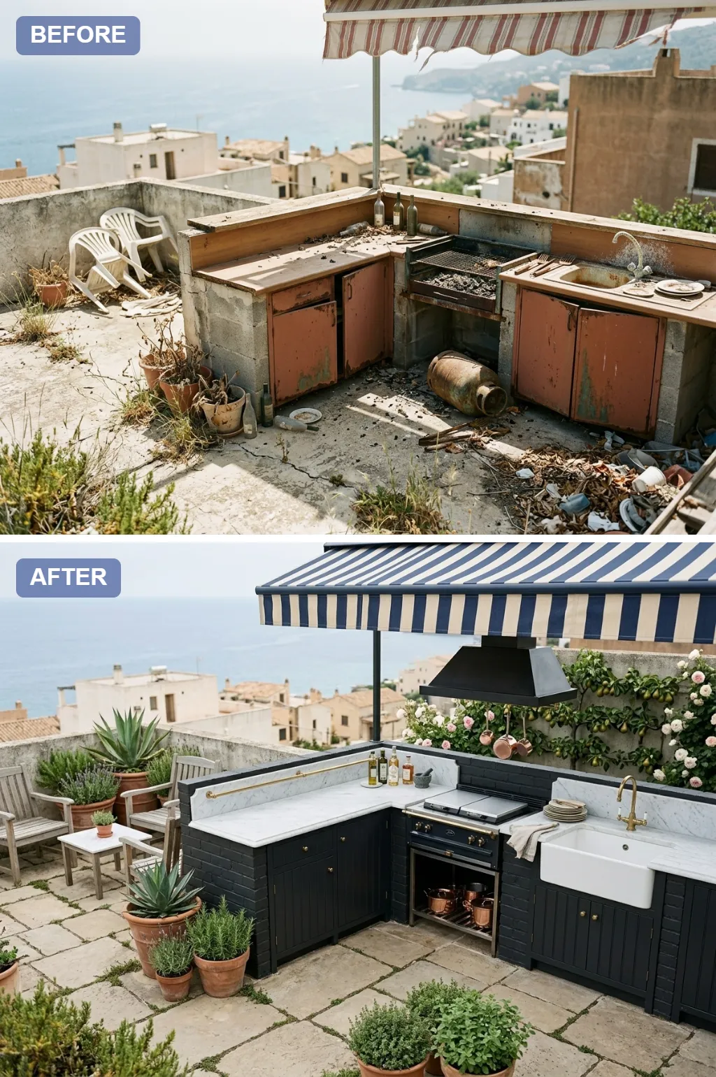 3. Mediterranean Farmhouse — crumbling rooftop slab transformed into a Mediterranean outdoor kitchen, before and after