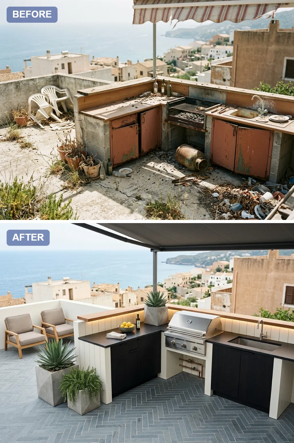 5. Coastal Minimalist — crumbling rooftop slab transformed into a Mediterranean outdoor kitchen, before and after