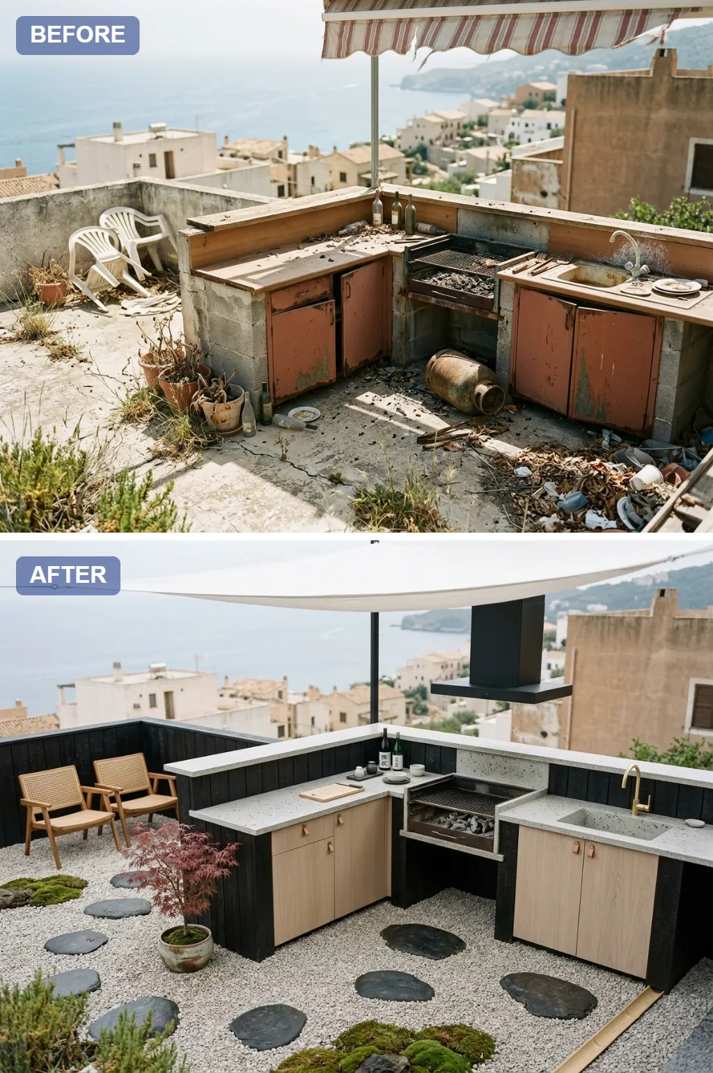 6. Japandi Zen Garden — crumbling rooftop slab transformed into a Mediterranean outdoor kitchen, before and after