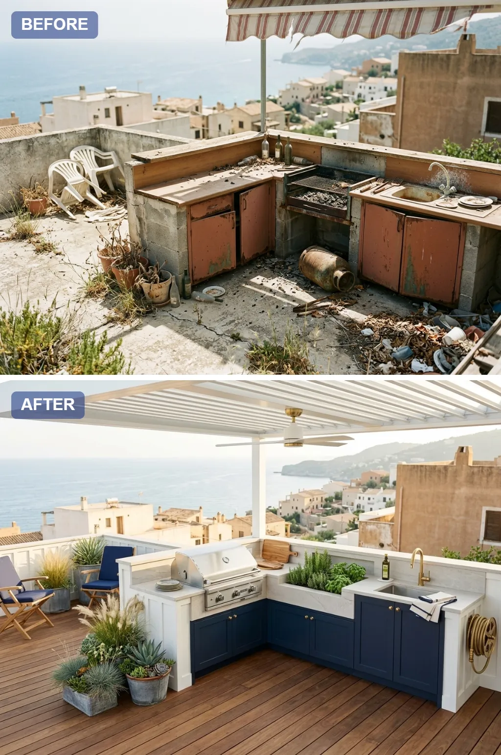 4. Coastal Hamptons Navy — crumbling rooftop slab transformed into a Mediterranean outdoor kitchen, before and after
