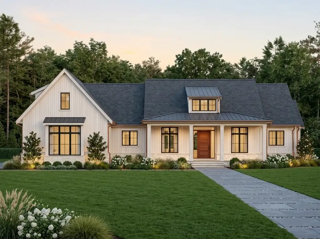 Modern farmhouse plan 270128AF with white board-and-batten, a low stone base, black windows, a dark slate roof and banked hydrangeas at twilight