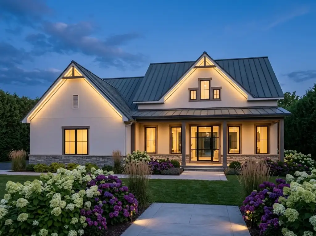 Modern farmhouse at blue hour with cream stucco, stone base, charcoal standing-seam roof and banked white and purple hydrangeas