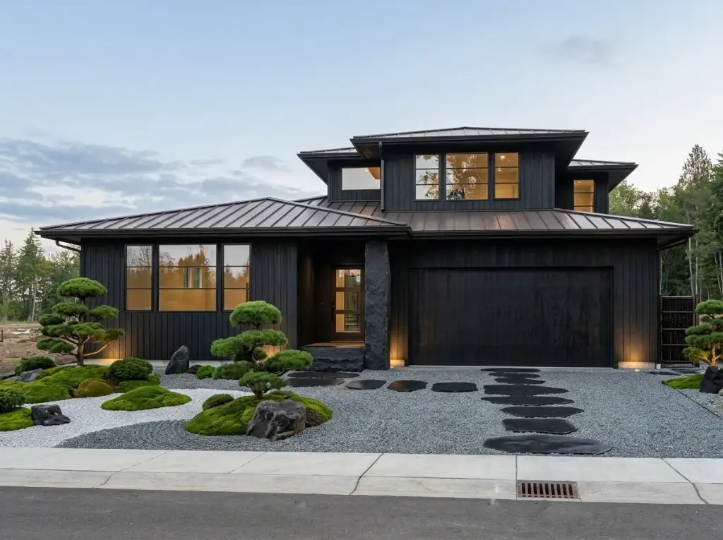 Plan 280263JWD in charred black vertical timber with a bronze standing-seam roof, a basalt entry pier and a Japanese dry garden at dusk