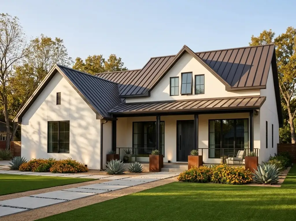 Modern farmhouse with cream stucco, warm bronze standing-seam roof, agaves, corten planters and a drought-tolerant xeriscape