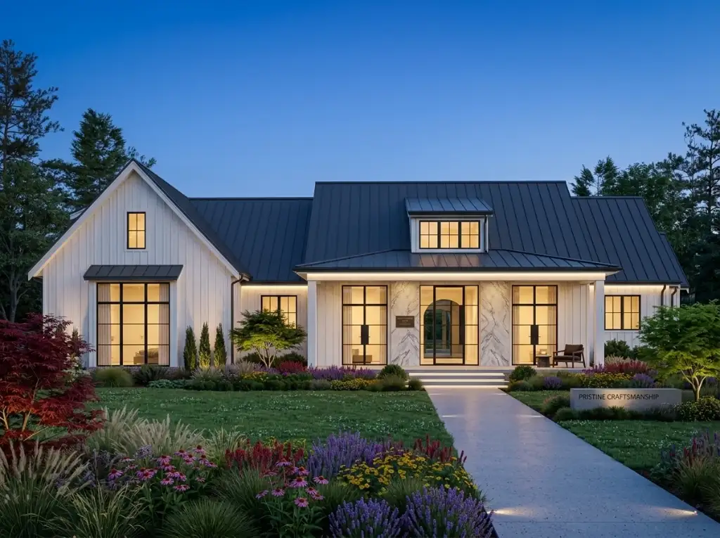 Modern farmhouse plan 270128AF with white siding, a black standing-seam metal roof, a marble entry surround and a cottage-garden border at blue hour