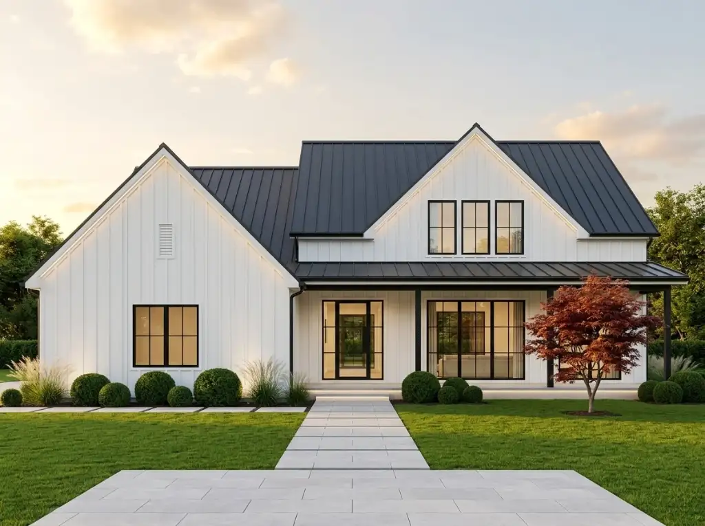 Crisp white board-and-batten modern farmhouse with matte-black metal roof, black windows and a single red Japanese maple