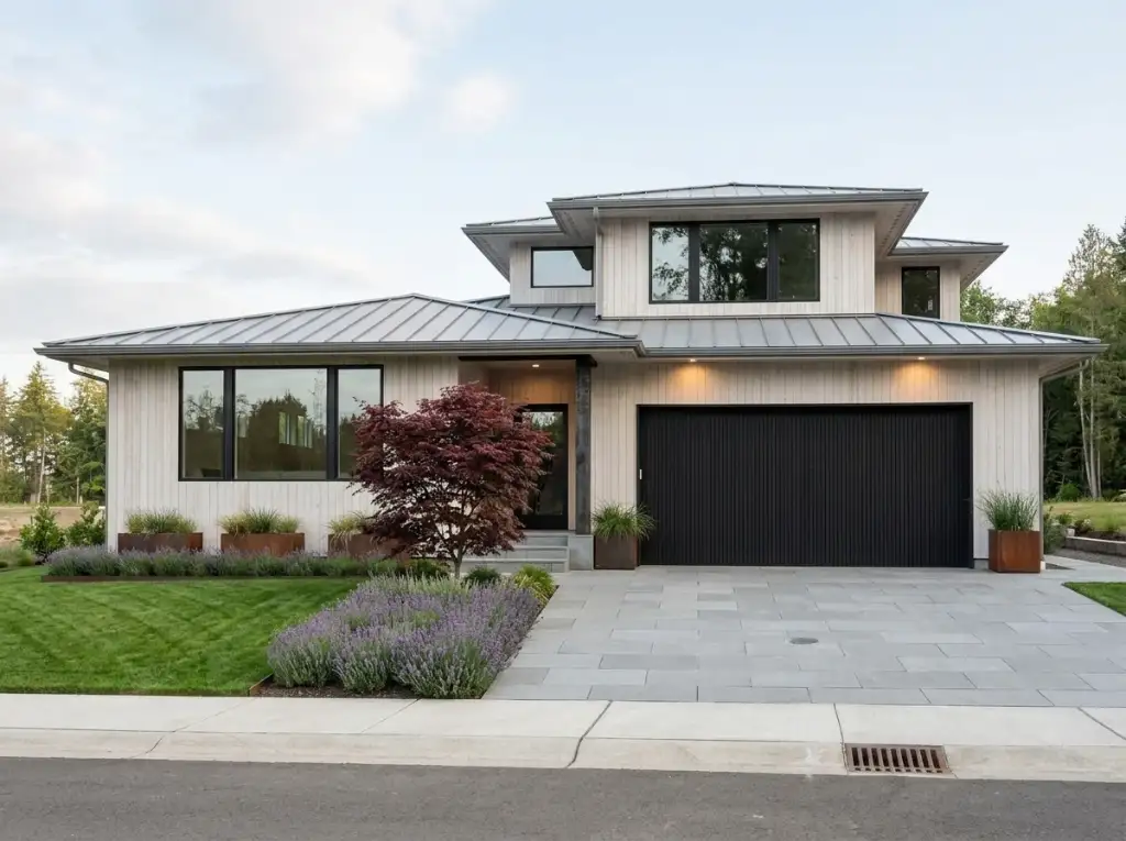 Plan 280263JWD in bleached vertical cedar with a silver standing-seam roof, a black flush garage door, lavender drifts and Corten planters