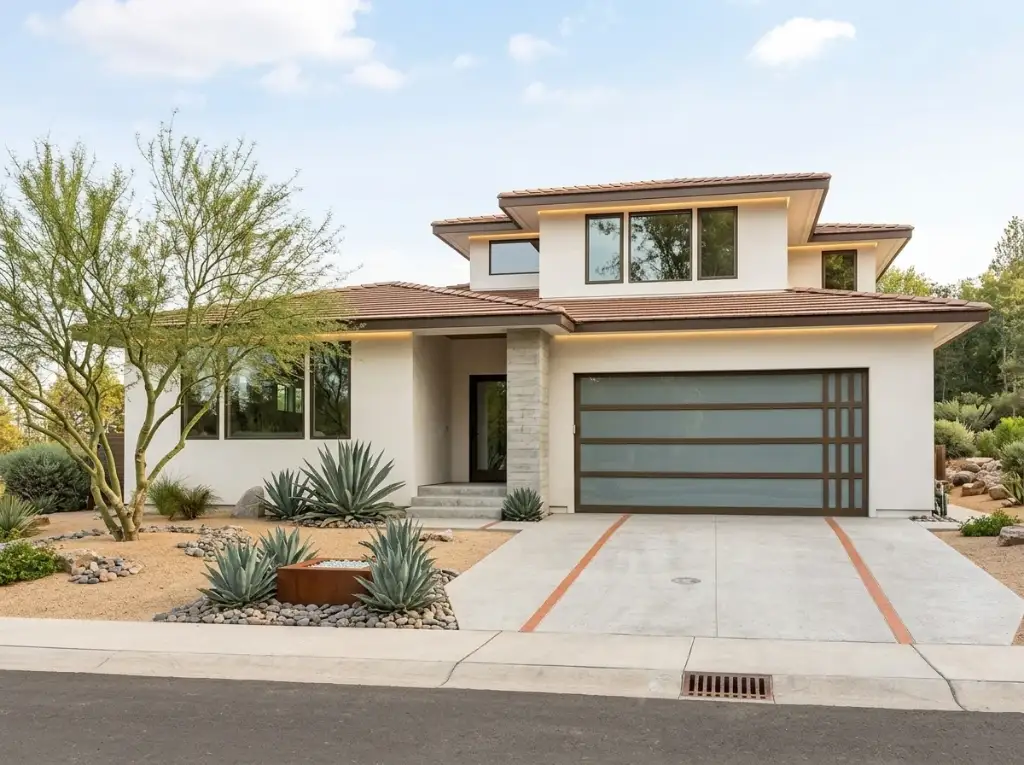 Plan 280263JWD in warm white stucco with a brown clay tile hip roof, a stone entry pier, a bronze-grid glass garage door and a desert xeriscape
