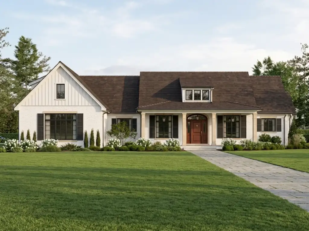 Modern farmhouse plan 270128AF as painted cream brick with black shutters, a brown clay-tile roof and a wood front door with limestone columns