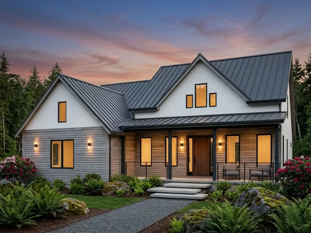 Pacific Northwest modern farmhouse with white stucco gables, cedar porch siding, dark metal roof, rhododendrons and ferns at sunset