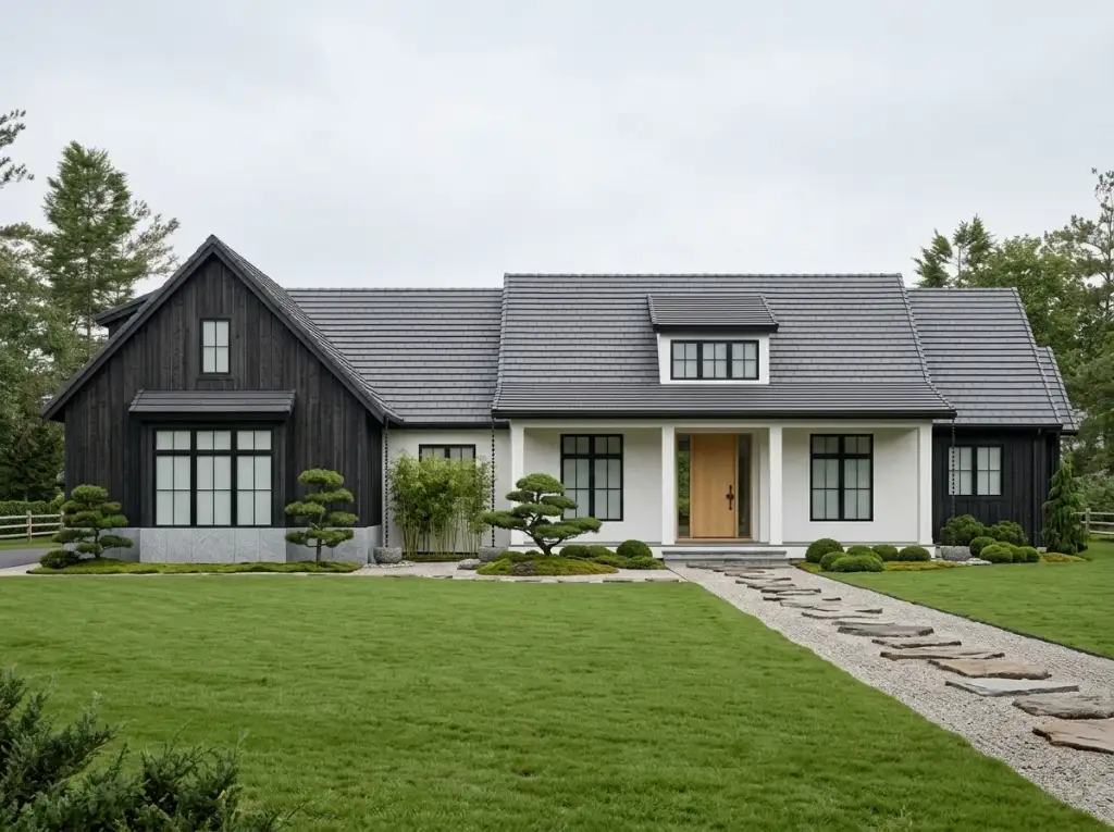 Modern farmhouse plan 270128AF with charred black shou-sugi-ban timber wings, white stucco center, a gray tile roof and a Japanese garden