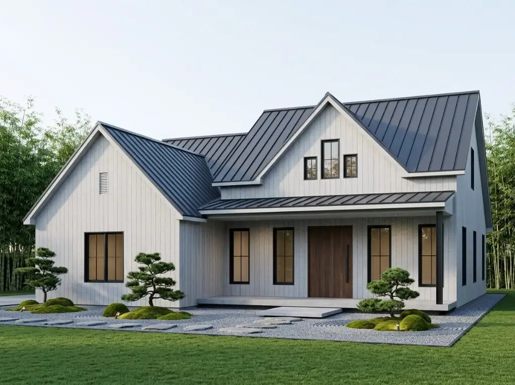Modern Zen farmhouse with light gray board-and-batten, dark metal roof, cloud-pruned niwaki trees, raked gravel and bamboo