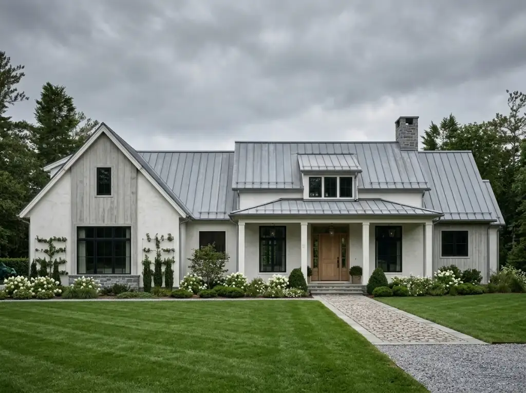 Modern farmhouse plan 270128AF in weathered gray wood and stucco with a zinc standing-seam roof, a stone chimney and espaliered climbers on an overcast day