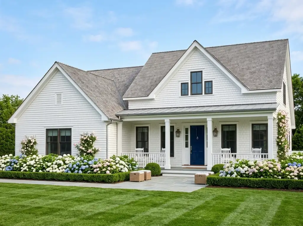 Coastal Nantucket-style farmhouse with white cedar shingle siding, gray shingle roof, blue front door and banks of hydrangeas