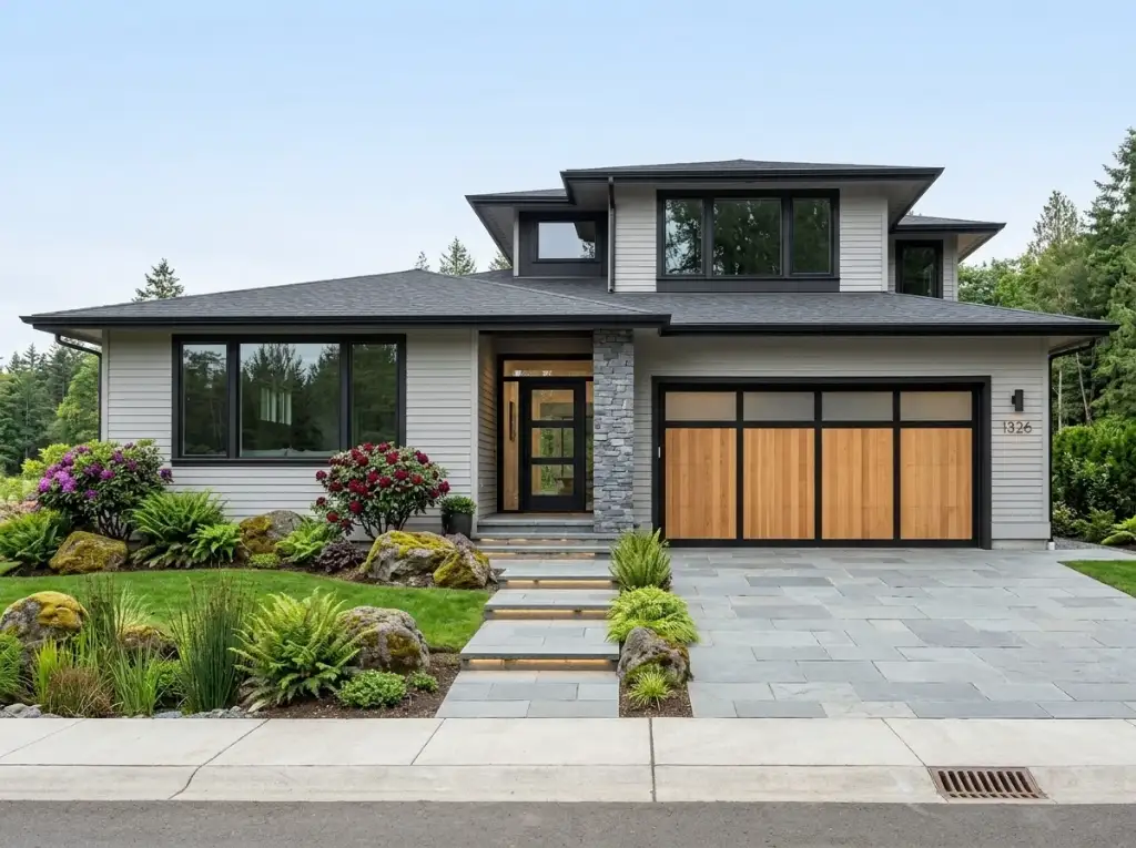 Plan 280263JWD in warm greige lap siding with a charcoal shingle roof, a stacked-stone entry pier, a natural wood garage door and a Northwest rockery garden