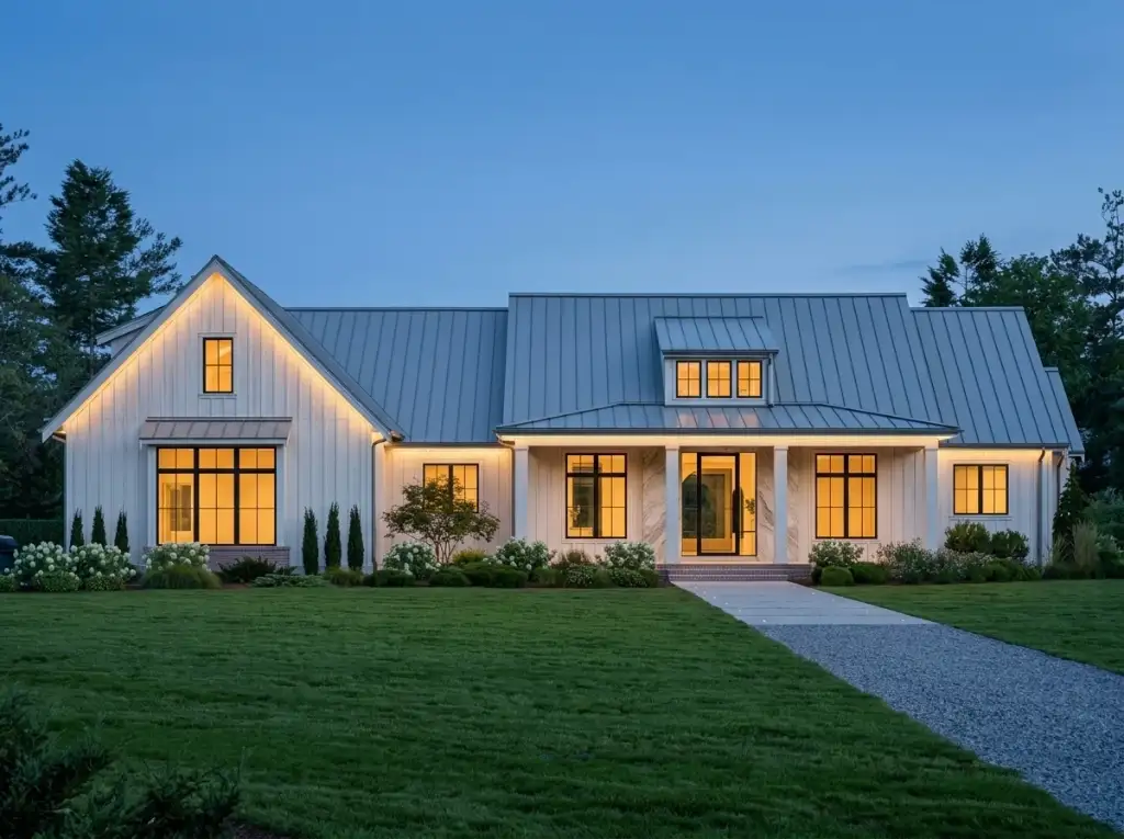 Modern farmhouse plan 270128AF in bright white board-and-batten with a silver standing-seam roof, a marble entry and black windows glowing at dusk