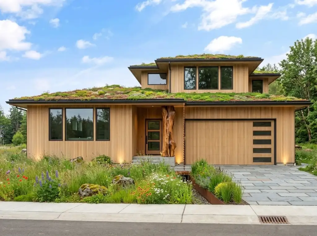Plan 280263JWD clad entirely in vertical cedar with a living sedum green roof, a driftwood entry column and a wildflower meadow front garden