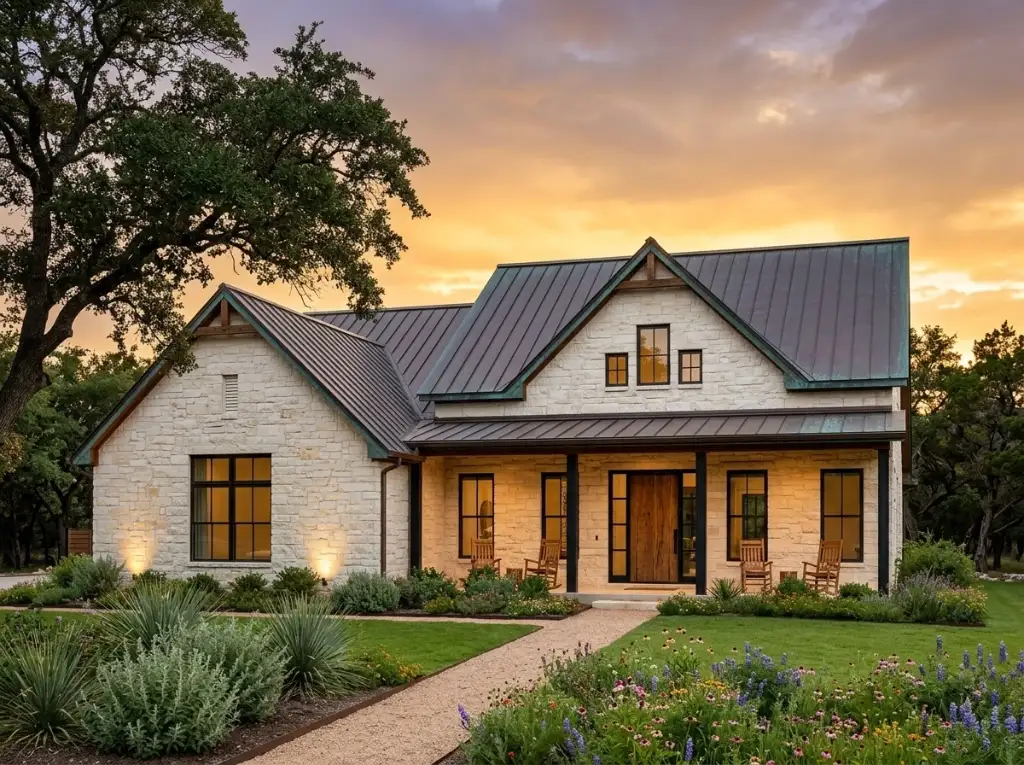 Texas Hill Country farmhouse with limestone veneer walls, patinated bronze-green metal roof, timber trusses, live oak and native wildflowers at sunset